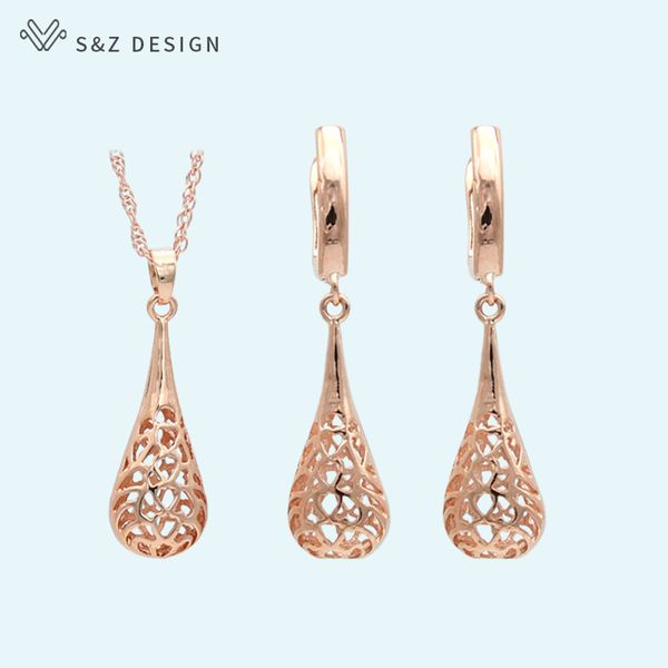 

s&z design vintage bohemia 585 rose gold hollow water drop metal dangle earrings jewelry sets for women wedding party jewelry, Silver