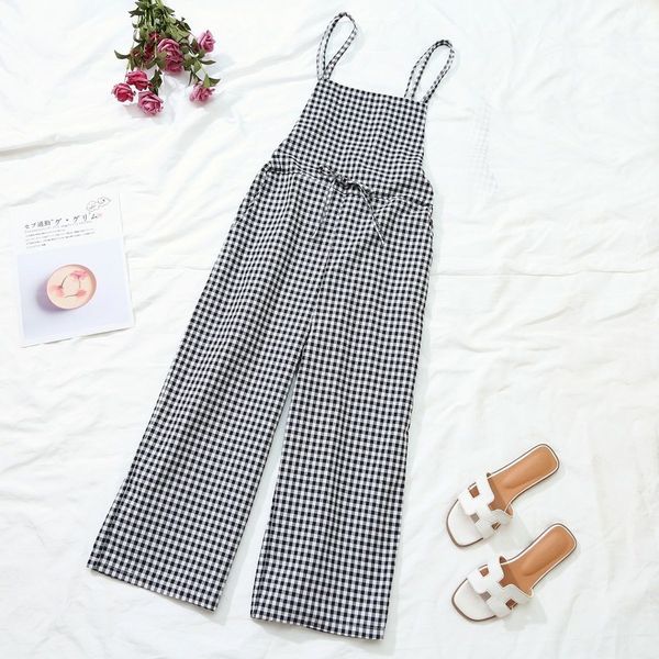

jumpsuits women plaid loose lace up ankle-length casual all-match streetwear leisure korean style chic daily womens comfortable, Black;white