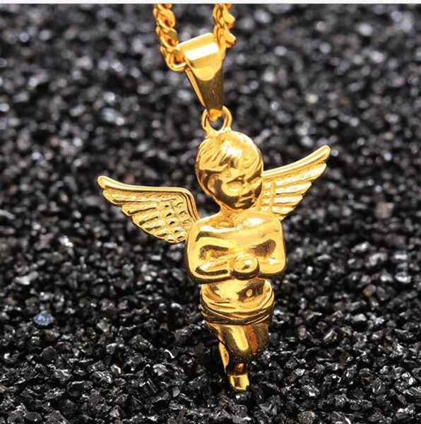 

hip hop jewerly New Men's 3D Wings Baby Angel Necklace Golden S.Steel Women's Pray Angel Boy Pendant Gift For mans peandant