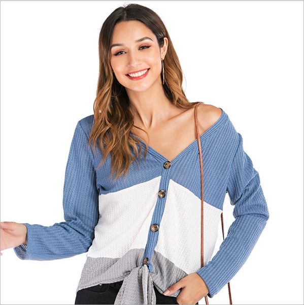 

2019 long sleeve knitted cardigan european and american popular fall and winter new v-neck color matching button female, White