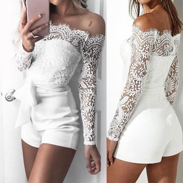 

women ladies summer autumn off shoulder playsuits fashion long sleeve sheer lace patchwork hollow bandage skinny jumpsuits, Black;white