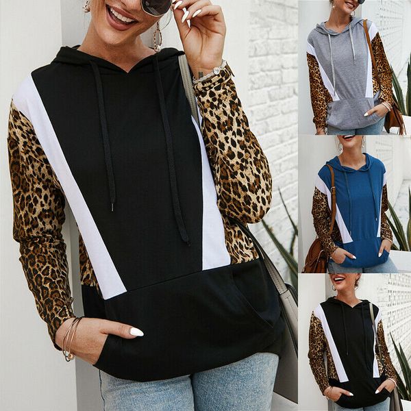 

sell new fashion womens ladies long sleeve leopard patchwork hoodies hooded sweatshirt pullover size s-xl, Black
