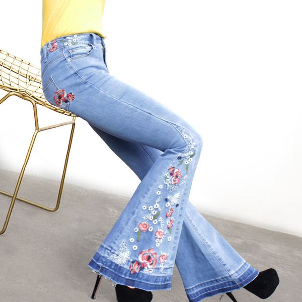 

2018 high waist flare jeans embroidery jeans for women bell bottom skinny denim ladies woman female wide leg pants, Blue