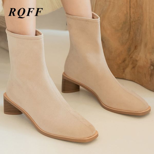 

black autumn winter ankle boots women plus big size 10 fashion block med heels shoes woman solid flock square toe boot apricot