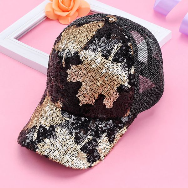 

new creative women bling shinning sequin caps cute glitter summer mesh baseball cap adjustable sunscreen ponytail hat, Blue;gray