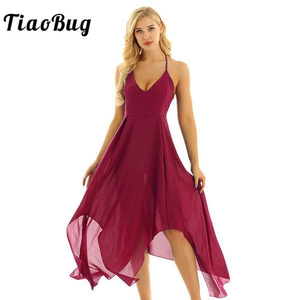 

tiaobug women spaghetti strap v-neck irregular long maxi chiffon ballet ballroom dress contemporary lyrical dance costumes, Black;red