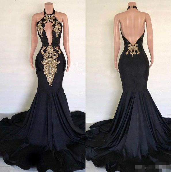 

black backless prom dresses halter embroidery gold lace applique plunging keyhole custom made evening party gowns formal occasion wear