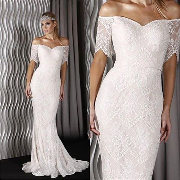 

ivory full lace mermaid short sleeve off the shoulder wedding dresses vintage designer vestido de noiva formal party wear gowns, White