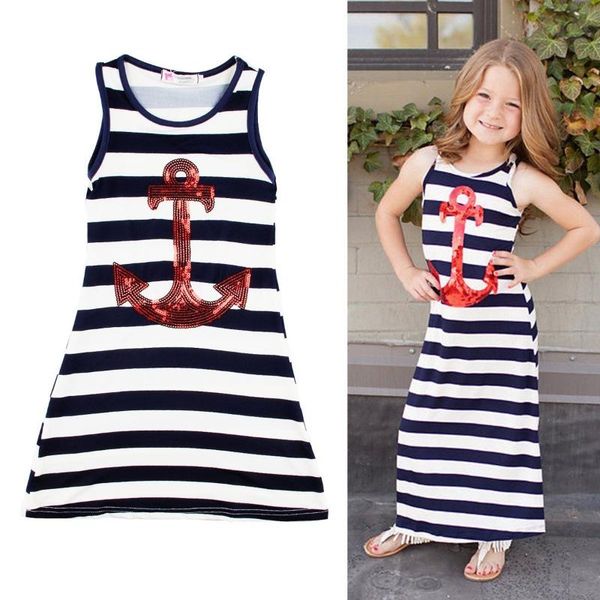 

pudcoco girl dress summer kids baby girls toddler sleeveless anchor striped long maxi dress 2-7y su, Red;yellow