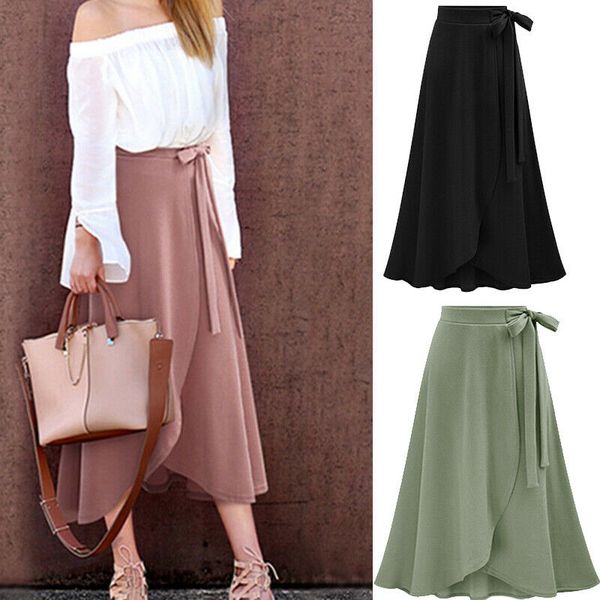 

women summer solid pleated skirts vintage lacing a-line long skirts lady elegant chic office casual skirt faldas mujer moda 2019, Black