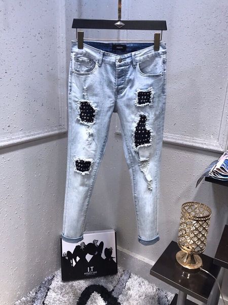 

new mens distressed ripped biker jeans slim fit motorcycle biker denim for men fashion designer hip hop mens jeans cool, Blue