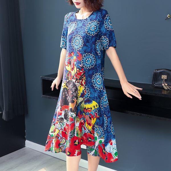 

silk dresses loose women print dress 2019 summer new pattern short sleeves plus size dress lady beach casual costume, Black;gray