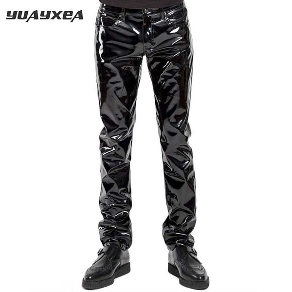 

yuayxea mens elastic faux leather pvc pants motorcycle ridding black slim fit dance party trousers biker leather pants for male