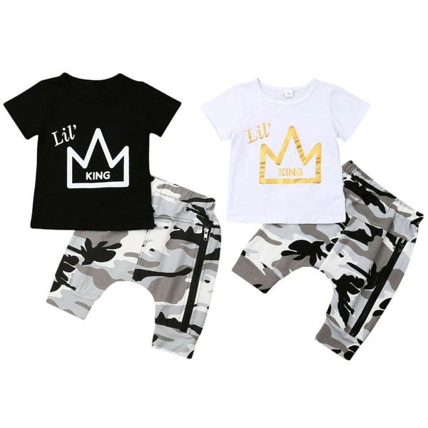 

2pcs toddler kids baby boys fashion clothes sets letter print t-shirt camo pants outfits set clothes, White