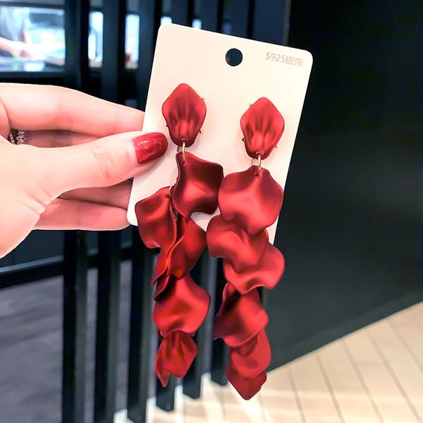 

shiny side new design fashion jewelry rose petals long tassel earrings for woman exaggerated earring for party, Silver