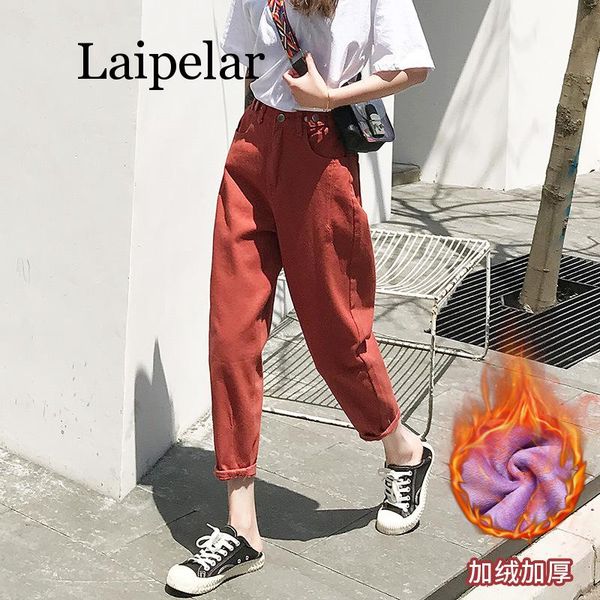 

loose harm women's fleece jeans female candy color winter warm jeans women high waist denim pencil pants winter trousers, Blue