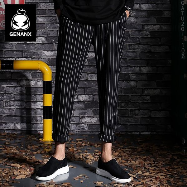 

genanx brand fashion black casual pants for men straight autumn stripe casual pants men size m-xxl