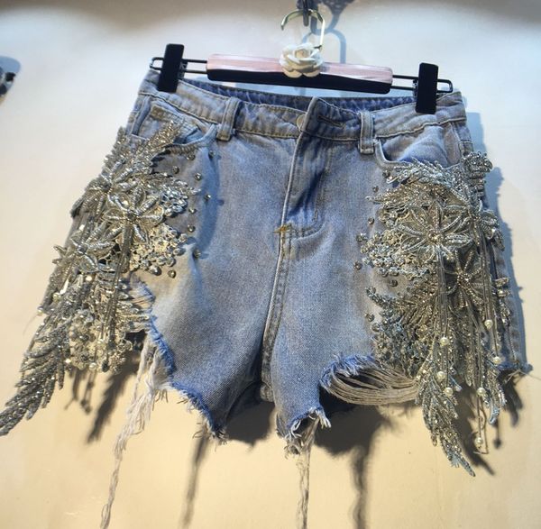 

streetwear shorts pants women lady summer new heavy bead sequin stereo flowers high waist skinny holes denim shorts female, Blue