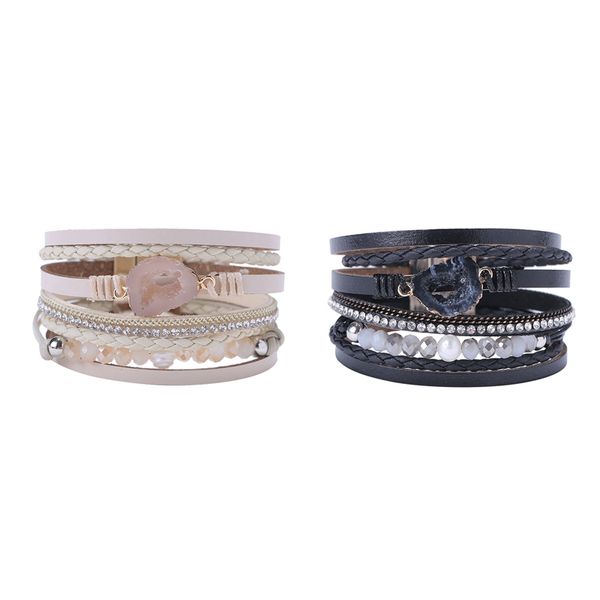 

2pc fashion multi-layer wrap leather bracelet magnet buckle handmade wrap bracelet for bangle jewelry gift beige & black