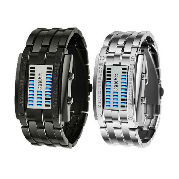 

women watches portable digital binary watch men women stainless steel date black led bracelet sport watches, Slivery;brown