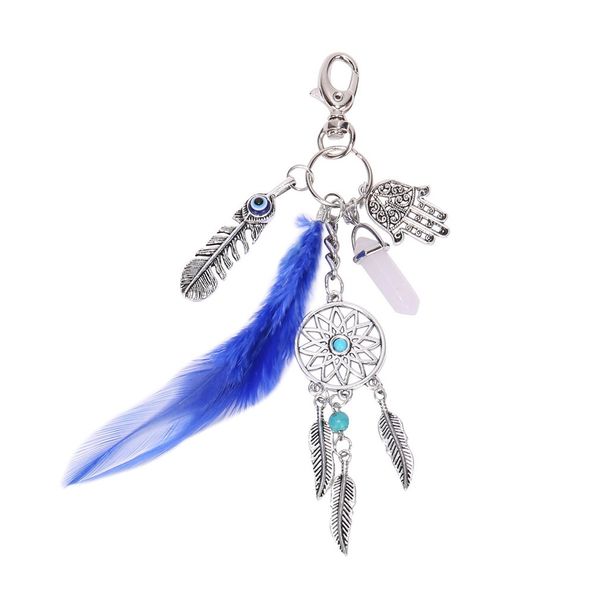 

fashionable charming keychain bag car key ring charm pendant bohemian tassel feathered pine hand palm dream catcher keychain, Silver