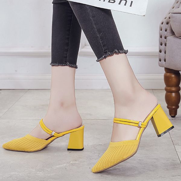 

women summer high heels mules slippers ladies pointed toe strange style crystal outside shoes flock woman fashion footwear, Black