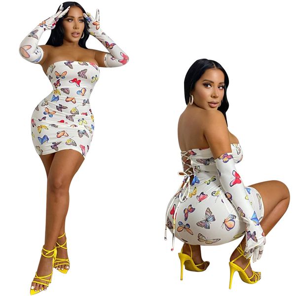 

length straplss with mini lace summer bodycon dress butterfly one-piece club tube print dress up bandage women knee gloves ofpjo, Black