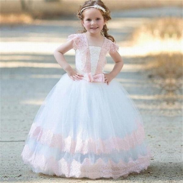 

ruffles formal wear girls pageant pink lace applique flower girl dress sleeveless fluffy tulle cascade holy communion party dres, Red;yellow