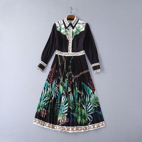 

new clothes for women in europe and america for the summer of 2019 long sleeve lapel chain floral print fashion dress, Black;gray