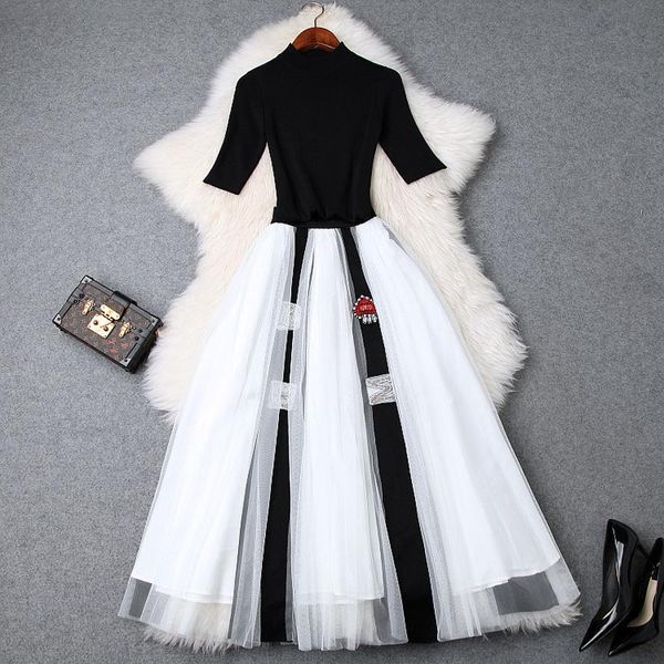 

women's diamonds beading mesh tutu skirt suit black sheath knit pullovers color block skirt two piece set 2019, White