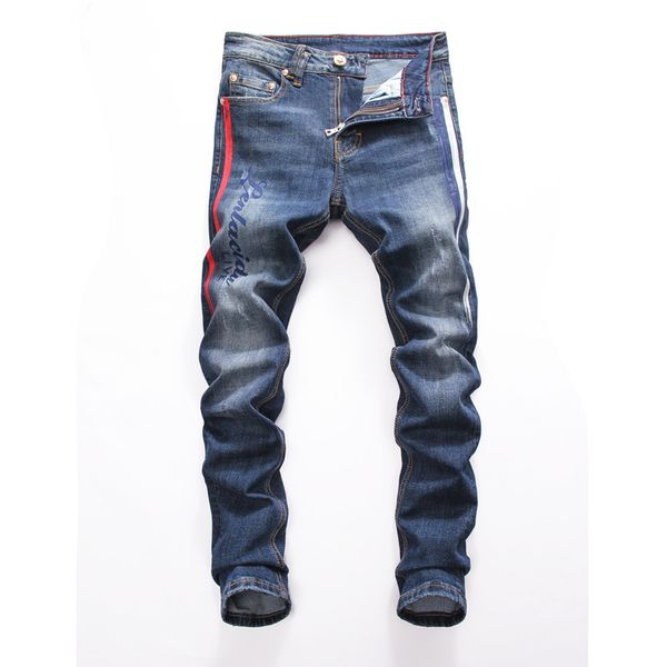 

2020 fashion off brand white men's distressed monster's yellow eyes embroidered oiled pants blue luxury brand pantalons pour homme