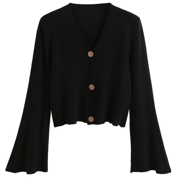 

zaful plain short cardigan casual v neck flare sleeves cardigan button up front sweater nonelastic sweater coat, Black;brown