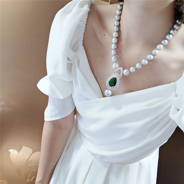 

beautiful 9-10mm gray freshwater pearl micro inlay zircon accessories pendant necklace long 45cm, Silver