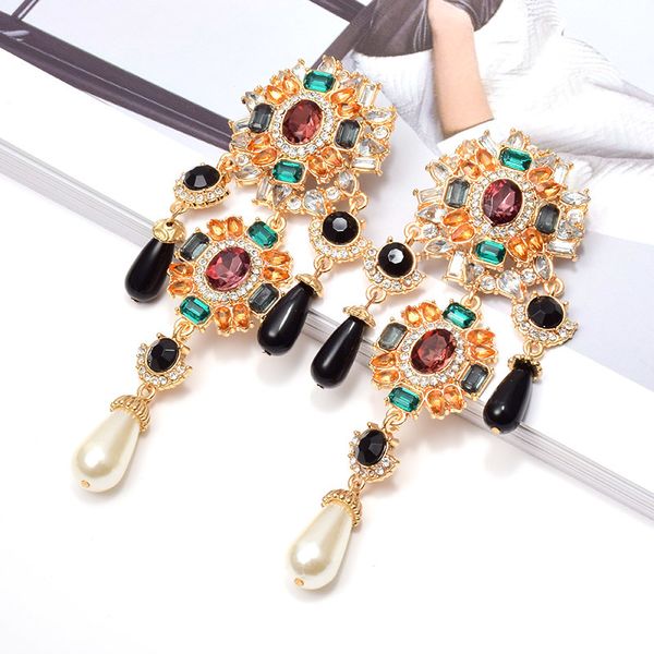 

new bohemian vintage metal colorful crystals dangle drop earrings hanging pearls fine rhinestone jewelry accessories for women, Silver