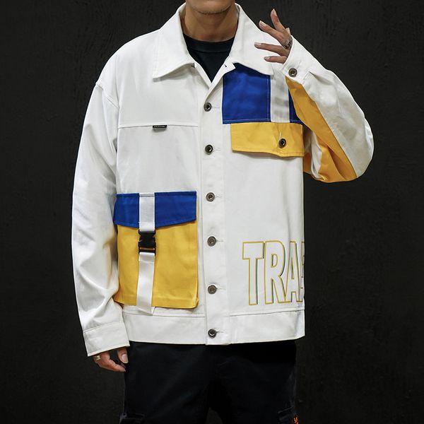 

multi-pocket cotton bomber jacket men patchwork contrast color ribbons casual jackets coat male printed streetwear overalls, Black;brown