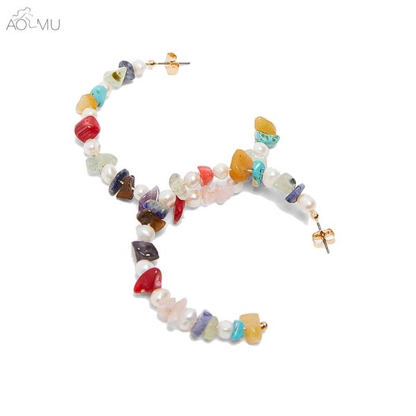 

aomu bohemia summer c-shaped colorful pearl stone big hoop earrings for women girl party beach gift jewelry bijoux accessories, Golden;silver