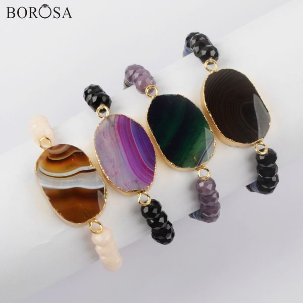

borosa 5pcs gold mixed natural onyx agates connector & 8mm stone bead bracelets handcrafted natural stone bracelet jewelry g1928, Black