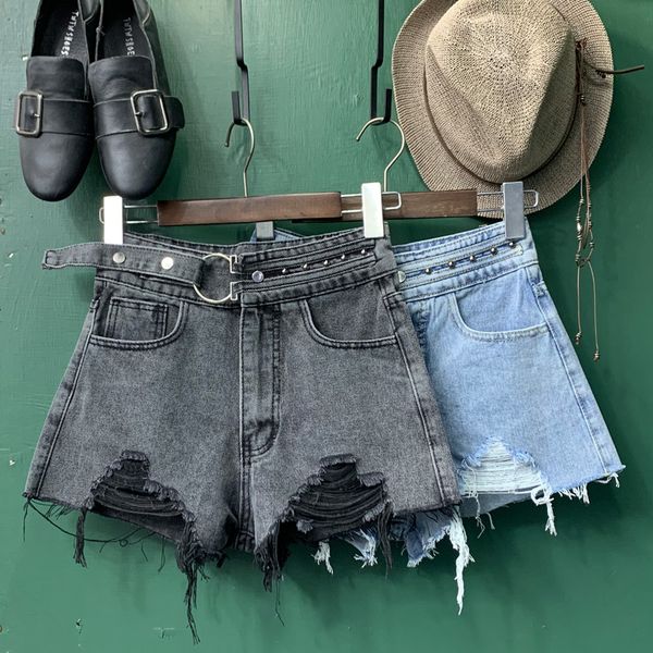 

hole denim shorts women 2020 summer new fashion high waist loose rivets wild jeans shorts, White;black