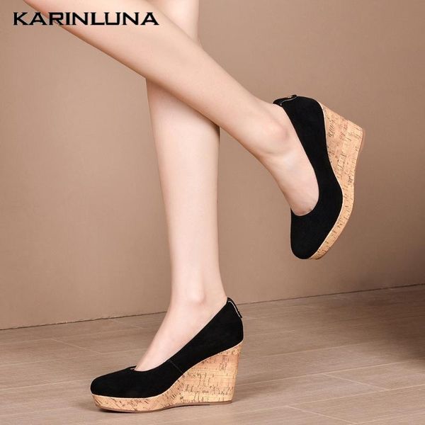 

karin 2020 new arrivals kid suede women pumps high wedges platform round toe summer dress woman shoes, Black