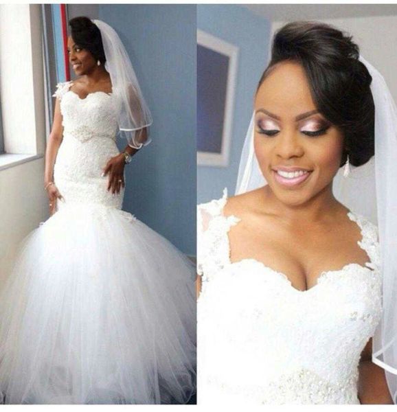 

new arrival 2020 nigerian mermaid sweetheart lace tulle church wedding dress gowns applique sheer plus size bridal gowns, White