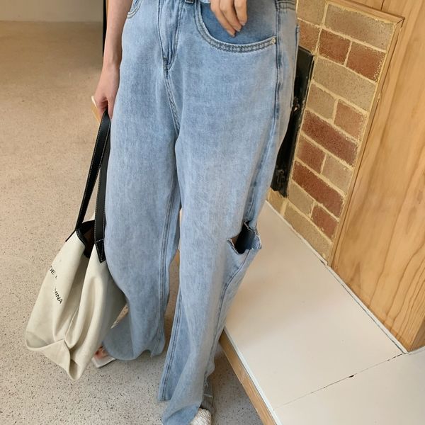 

women's jeans mop the floor of tall waist split hole straight loose show thin xuan elegant wind drape wide-legged pants, Blue