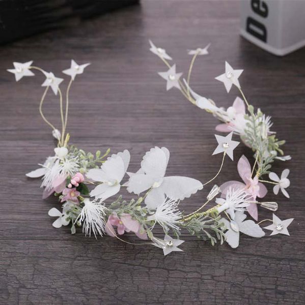 

wedding party hair accessories girl flower wreath crown bride bridesmaid hairband headdress white butterfly floral garland, Golden;white