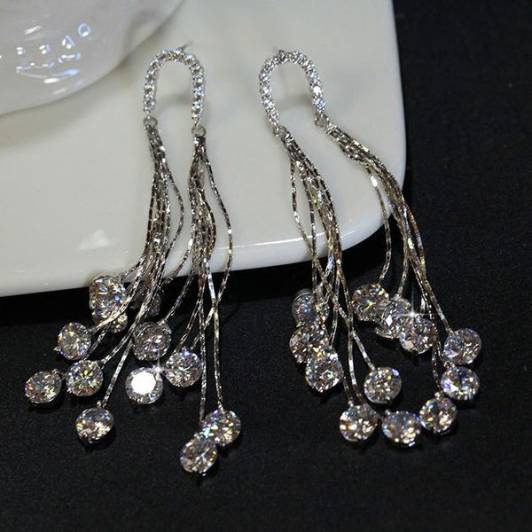 

luxury female crystal long dangle earrings boho silver white zircon stone earrings tassel drop earrings for women, Golden