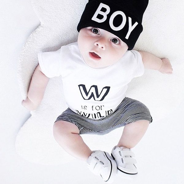 

summer newborn outfit for baby boys clothes casual letter cotton short sleeve t-shirt+stripe shorts infant clothing set, White