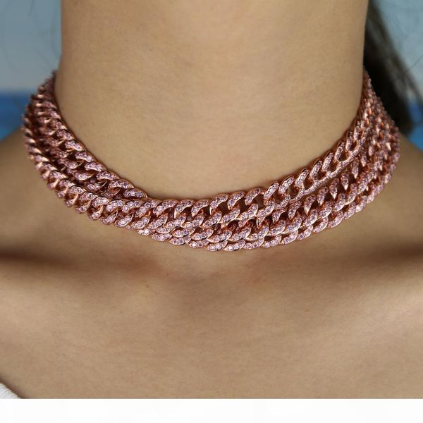 

hip hop sparking bling cz link chain rose gold color miami cuban choker chain necklaces iced out stone women charm rock jewelry, Silver