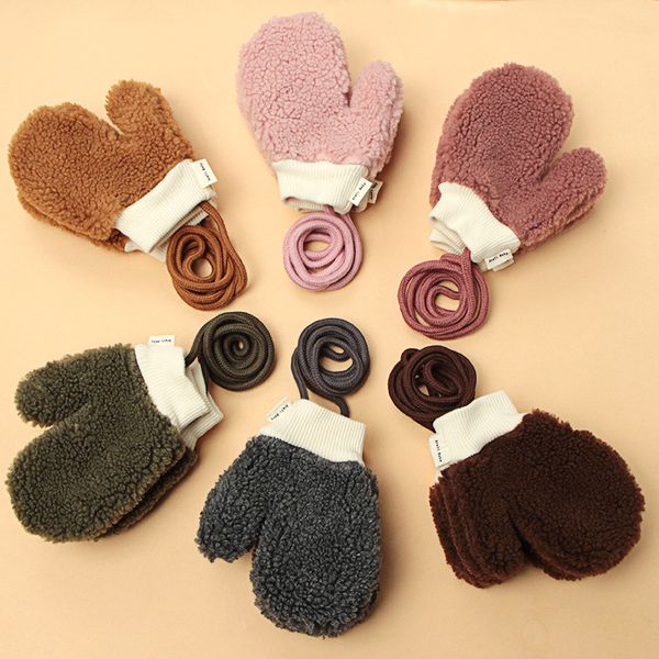 

baby velvet gloves kids hanging neck plus velvet thickening warm gloves lamb cashmere children winter mittens, White