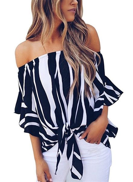 

Summer Slash Neck Bell Sleeve Womens Tshirts Fashion Striped Printed Ladies Chiffon Womens Tops With Bow