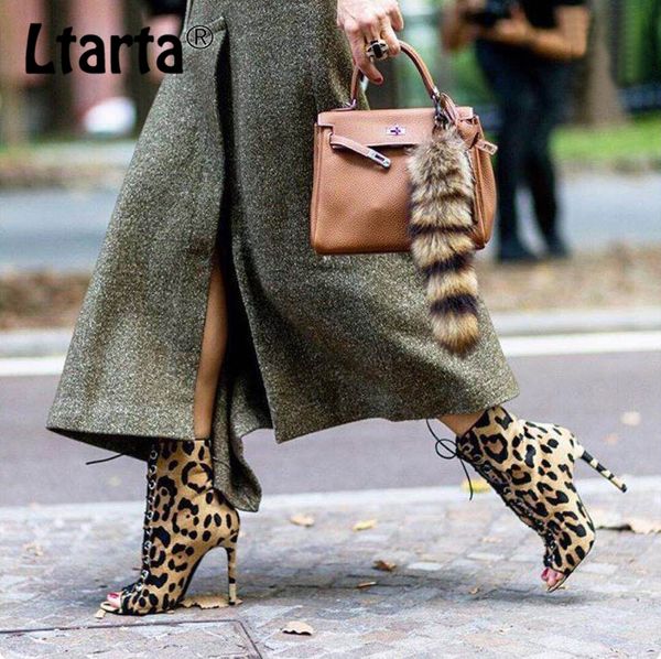 

ltarta 2019 women fish toe boots star leopard pattern fish mouth tie high heel boots 40 shoes zl-zg938-167, Black