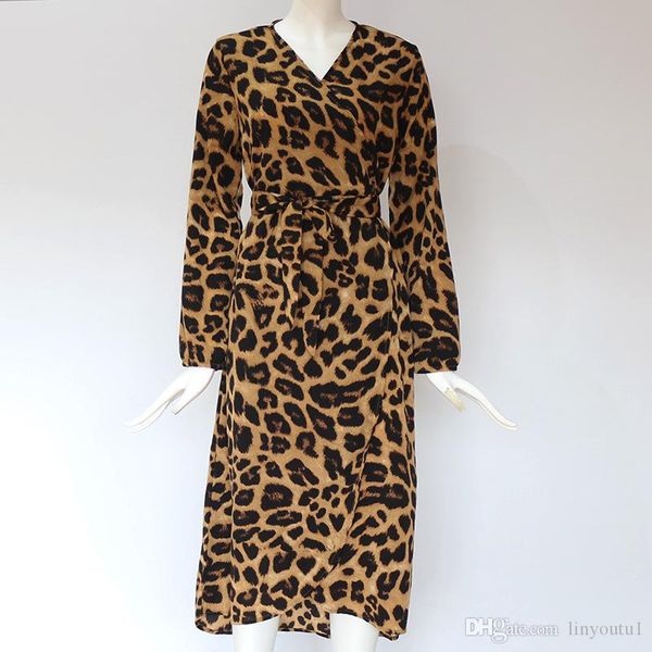 

leopard dress 2020 women chiffon long beach dress loose long sleeve deep v-neck a-line party dress, Black;gray