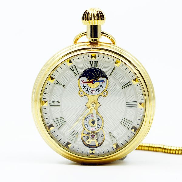 

brand selling antique&vintage full golden roman numerals mechanical pocket watch for men women white dial pjx1251, Slivery;golden
